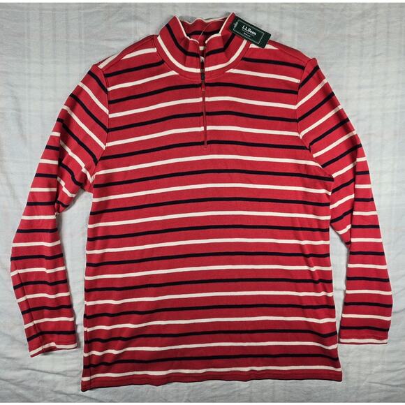 LL Bean Womens 1/4 Zip Sweater Pullover Striped Mock Neck 100% Cotton 2X NWT - Picture 1 of 12